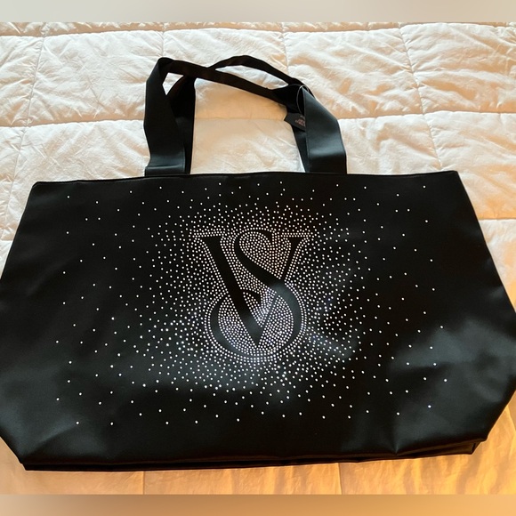 Victoria's Secret Handbags - Victoria’s Secret VS rhinestone black sateen bling mega tote bag purse gym SALE